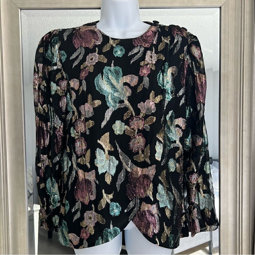 PATRA 1980s Vintage Top Wrap Style Black Metallic Multi Color Floral Cocktail M.